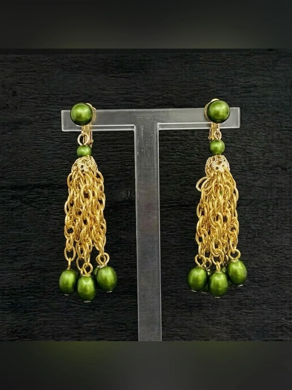 Vintage 60s Hong Kong Green Faux Pearl Gold Tone Tassel Chain Dangle Earrings